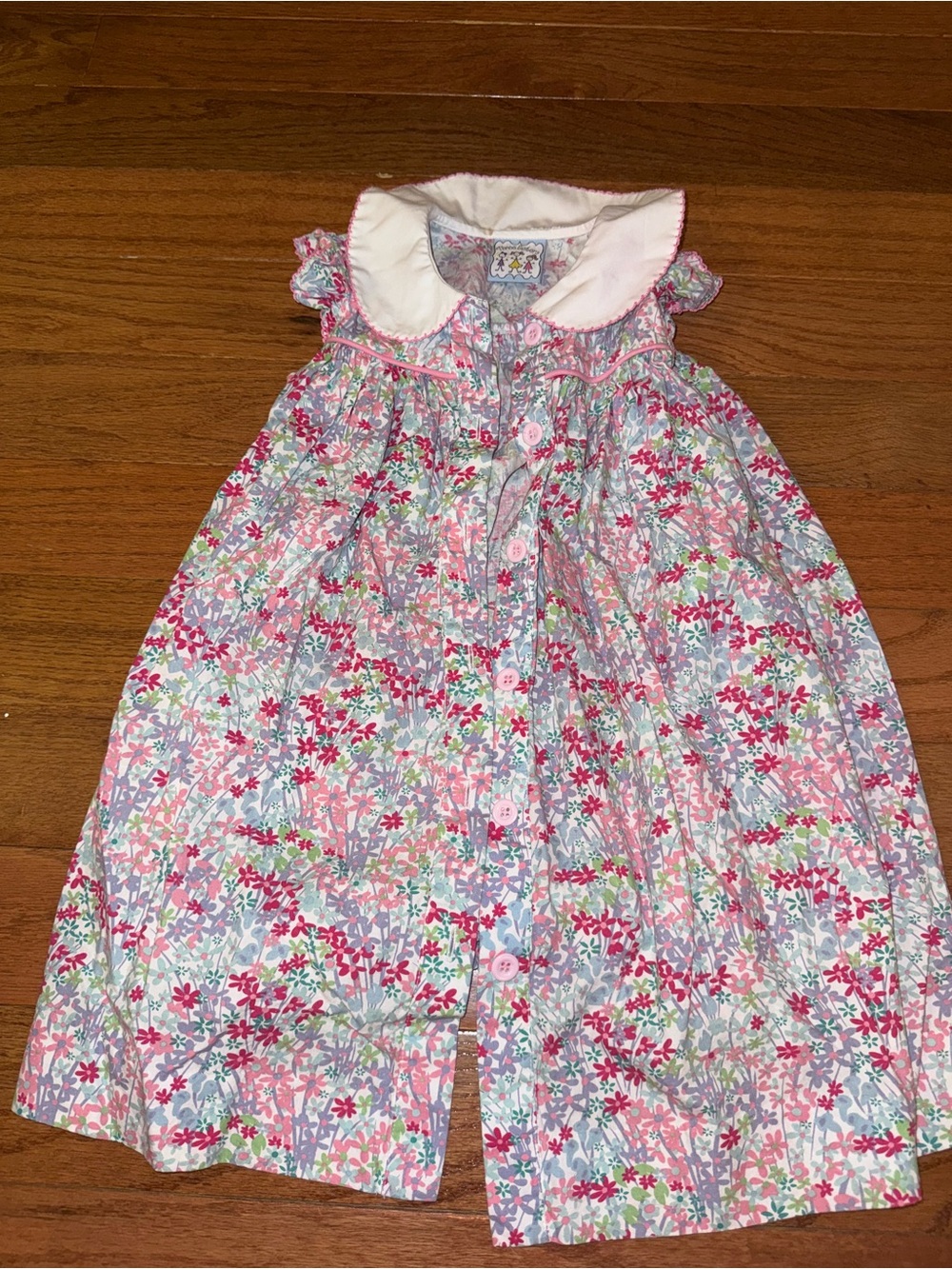 Girls Pink Floral Button-Front Dress with White Peter Pan Collar